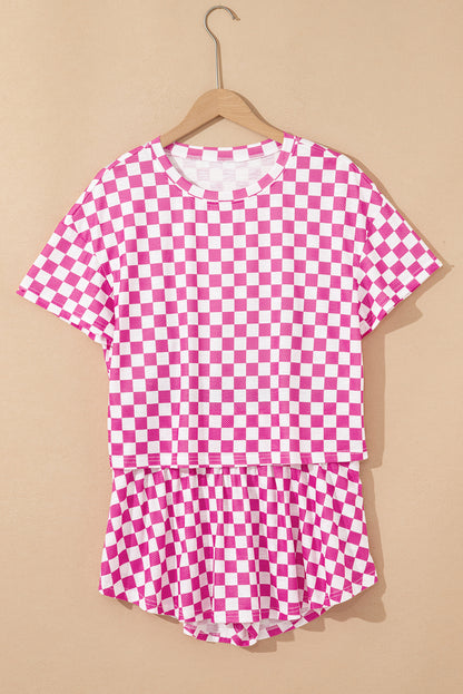 Brown Checkerboard T Shirt and High Waist Skorts 2 Piece Outfit