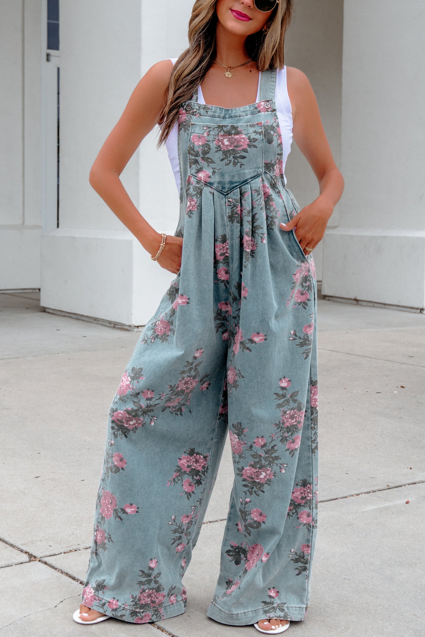 Blue Beau Floral Print Pleated High Waist Wide Leg Denim Jumpsuit