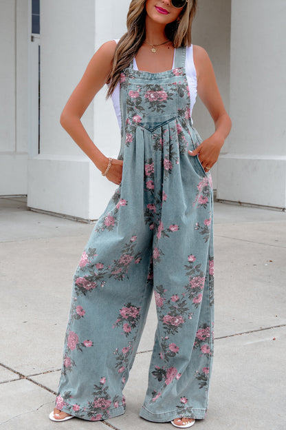 Blue Beau Floral Print Pleated High Waist Wide Leg Denim Jumpsuit