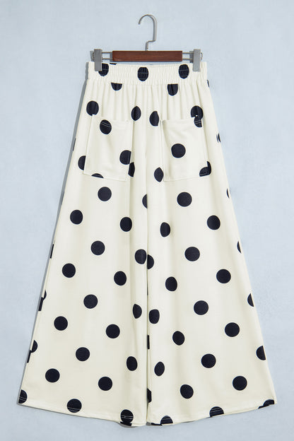 Beige Polka Dot Wide Leg Elastic Waist Casual Pants