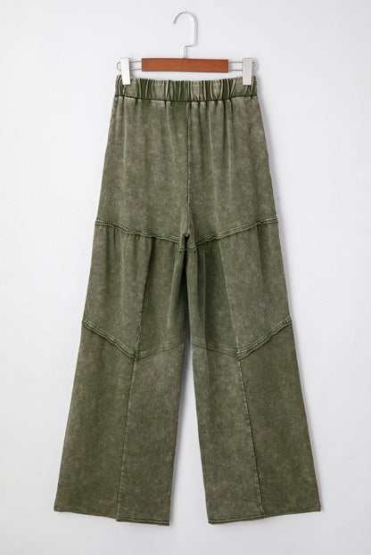 Black Mineral Wash Tiered Wide Leg Patchwork Drawstring Pants