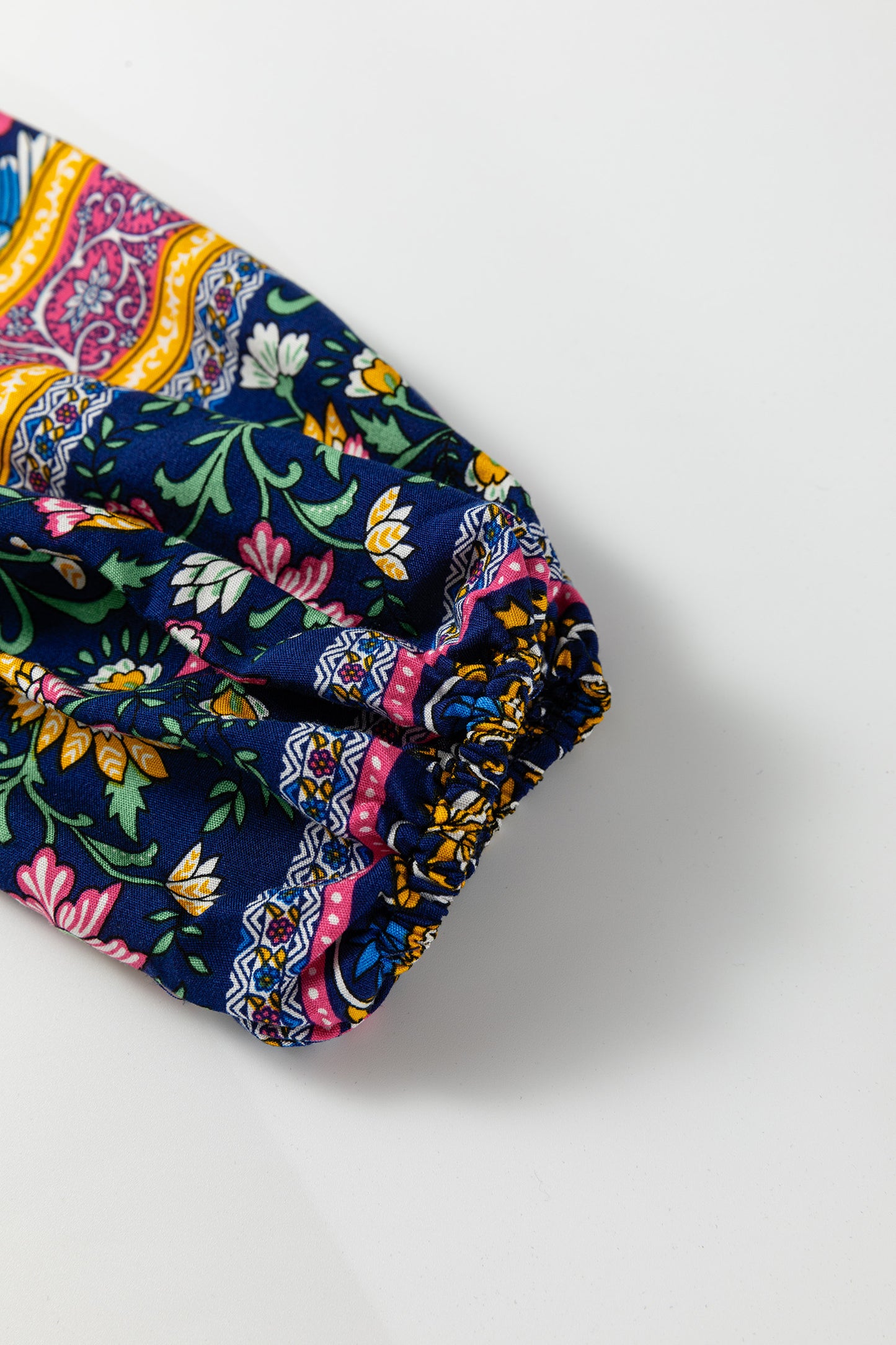 Blue Bohemian Floral Print Tassel Tie Front Long Sleeve Blouse