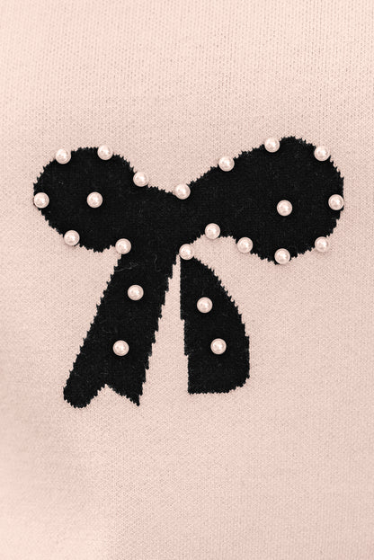 Smoke Gray Pearl Embellished Bow Pattern Loose Sweater