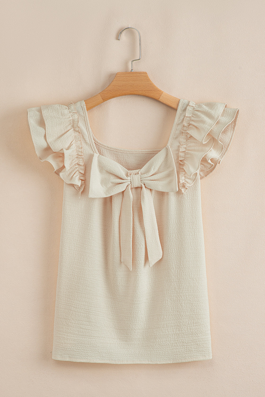 Beige Textured Bow Knot Frilled Butterfly Sleeve Blouse