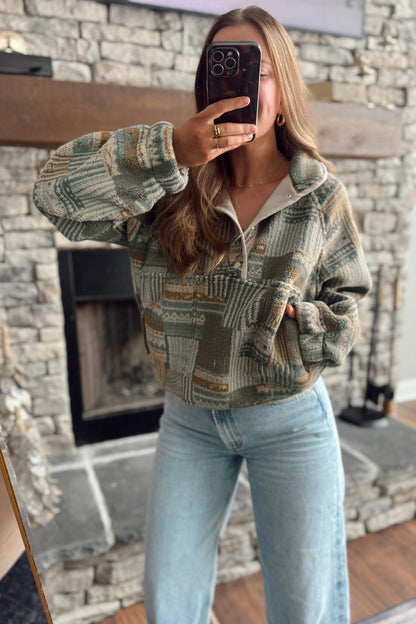 Green Western Print Fleece Pullover Long Sleeve Casual Fit Sweatshirt