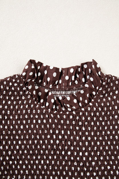 Brown Polka Dot Ruffled High Neck Shirred Ruffle Hem Blouse