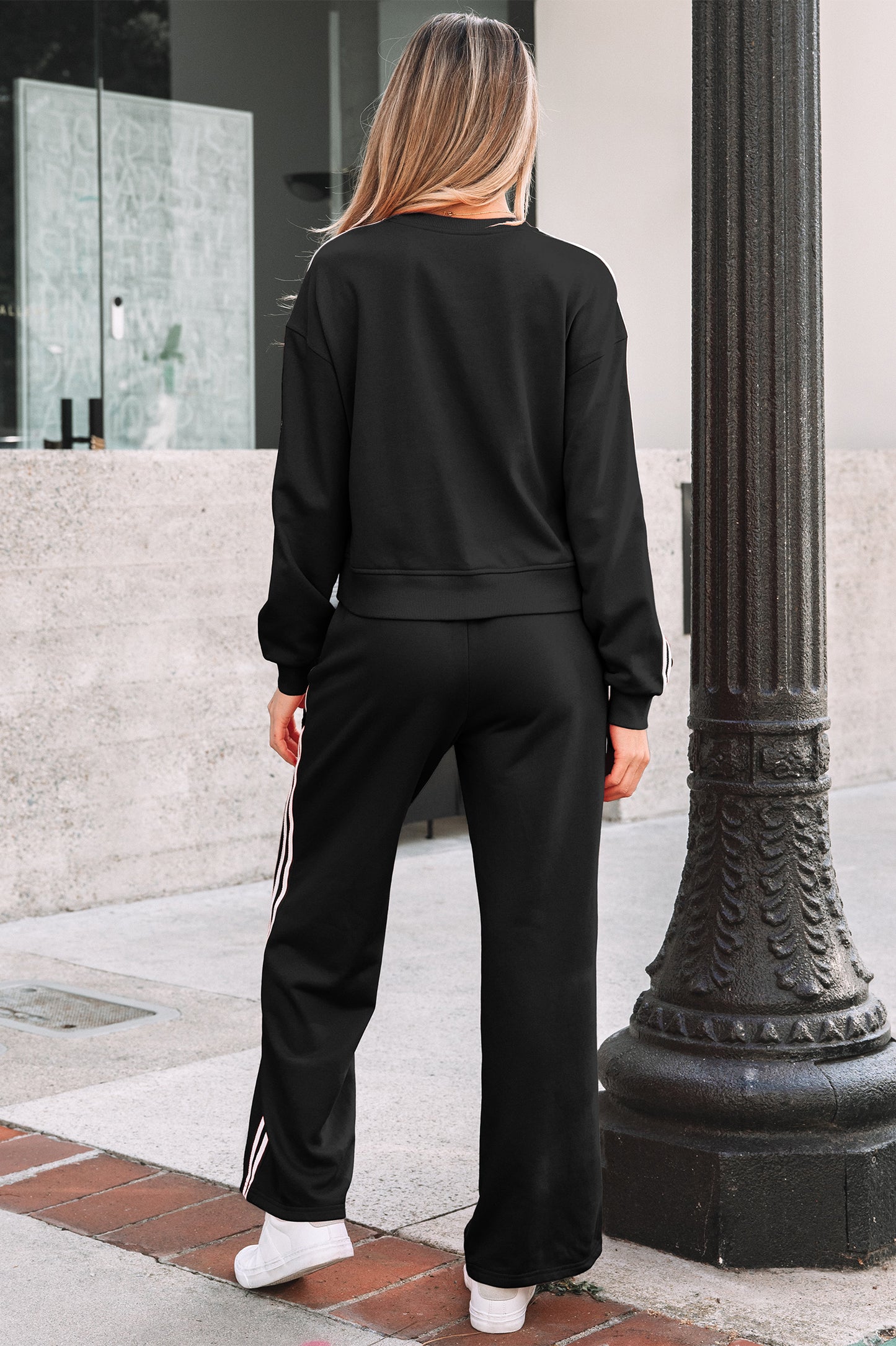 Gray Morn Varsity Striped Detail Crewneck Pullover Elastic Sweatpants 2pcs Outfit