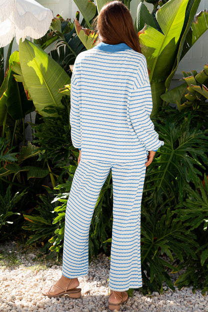 White Stripe Collared Pullover Top and Drawstring Pant Set