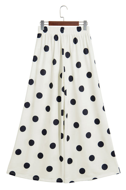 Beige Polka Dot Wide Leg Elastic Waist Casual Pants