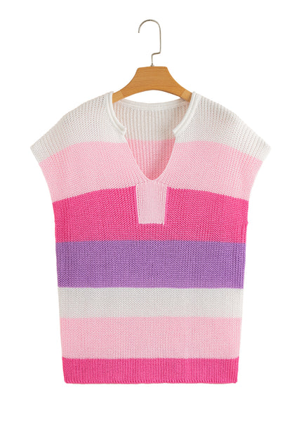 Multicolour Color Block Notch V Neck Sweater T Shirt