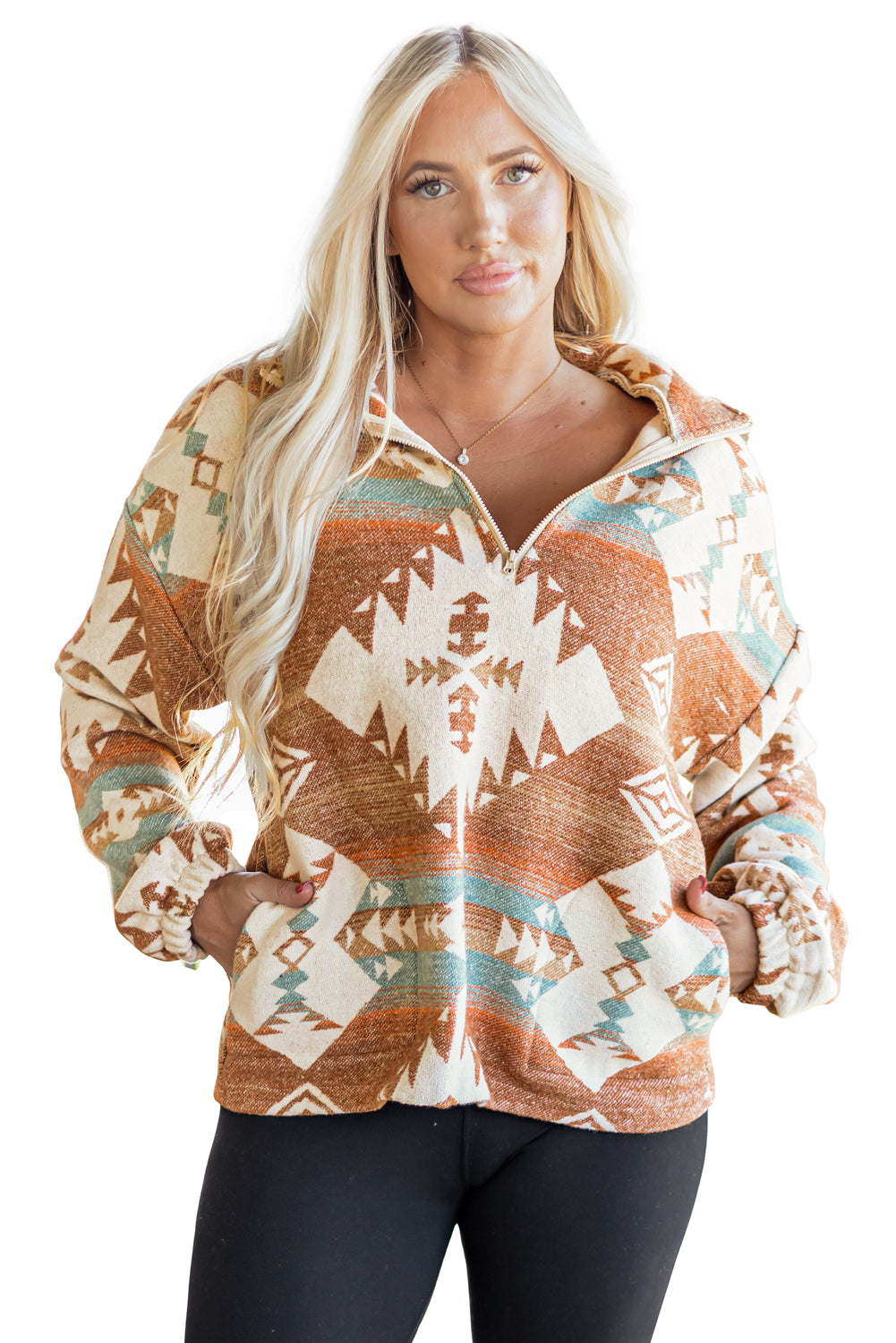 Green Quarter Zip Elastic Cuffs Aztec Sweatshirt