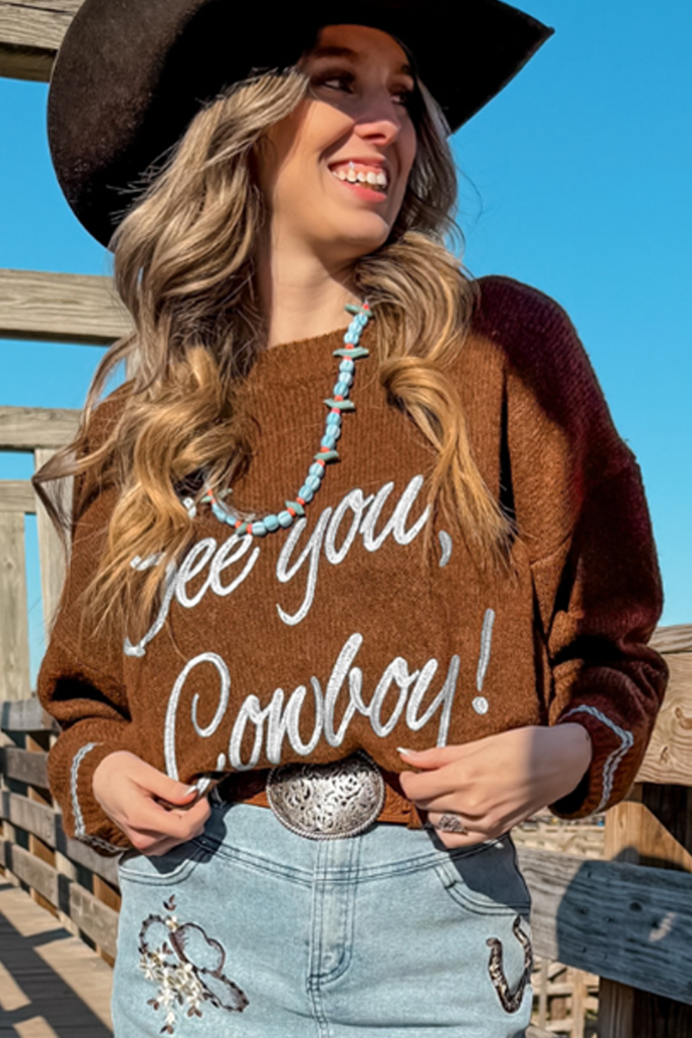 Peach Blossom See You Cowboy Embroidered Western Graphic Sweater