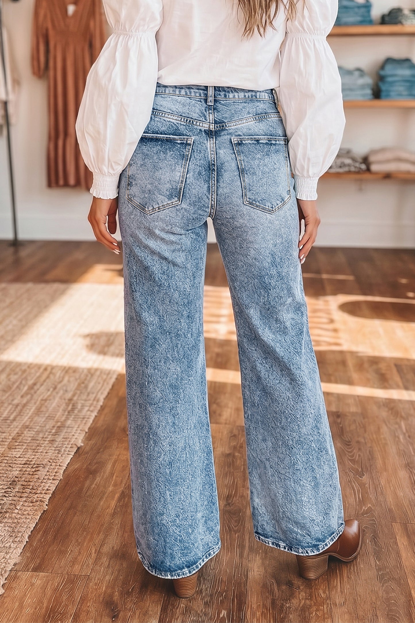 Sail Blue Acid Wash Pocket Detail Flare Jeans