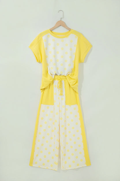 Sky Blue Color Block Patchwork Polka Dot Wide Leg Pant Set
