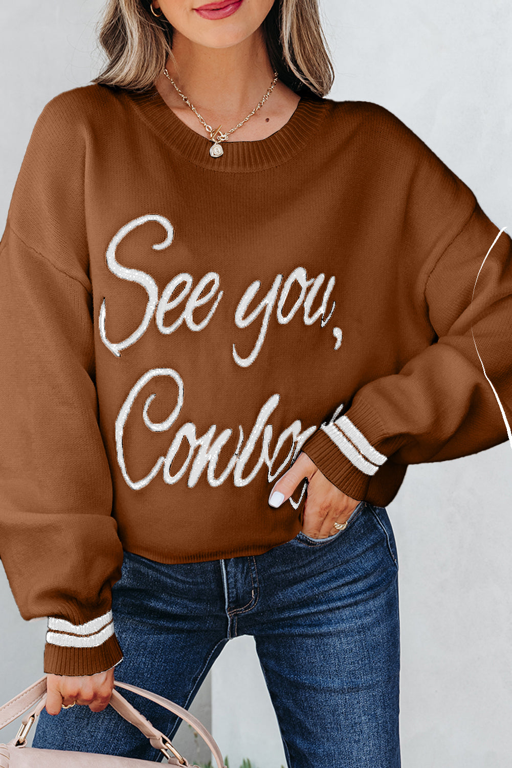 Peach Blossom See You Cowboy Embroidered Western Graphic Sweater