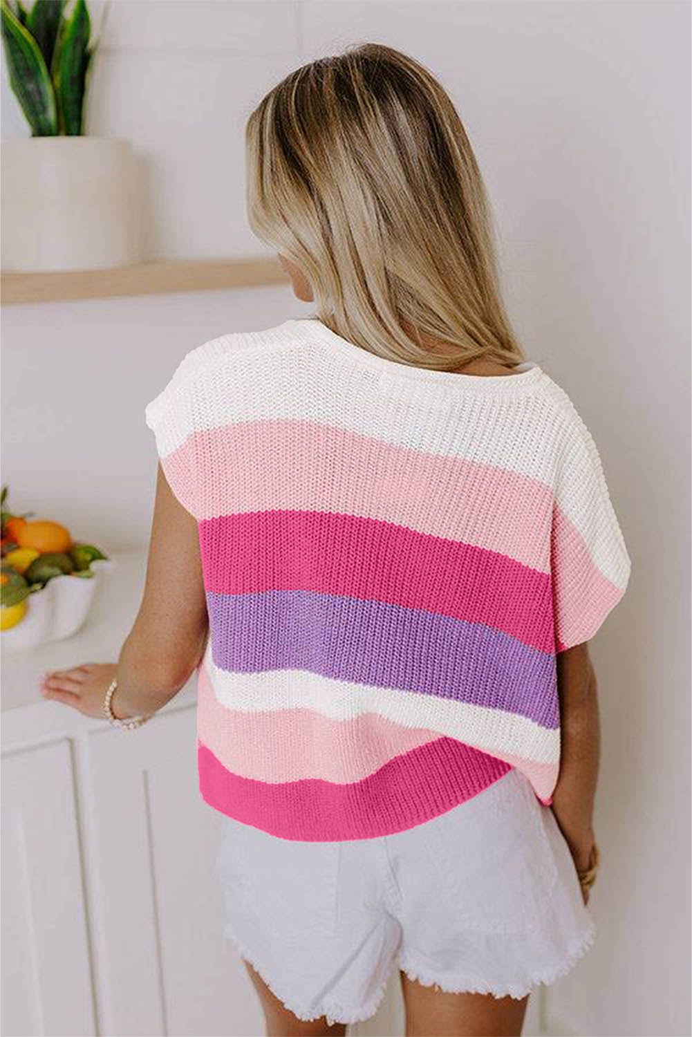 Multicolour Color Block Notch V Neck Sweater T Shirt