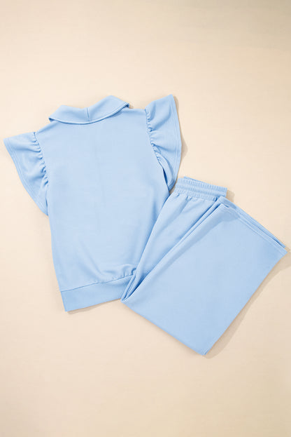 Pink Textured Ruffled Sleeve Zipped Top and Wide Leg Pants Set