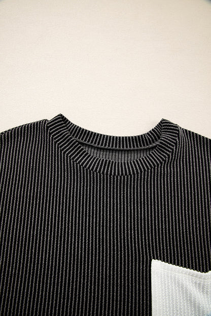 Pink Corded Knit Color Block Pocketed Crew Neck T Shirt