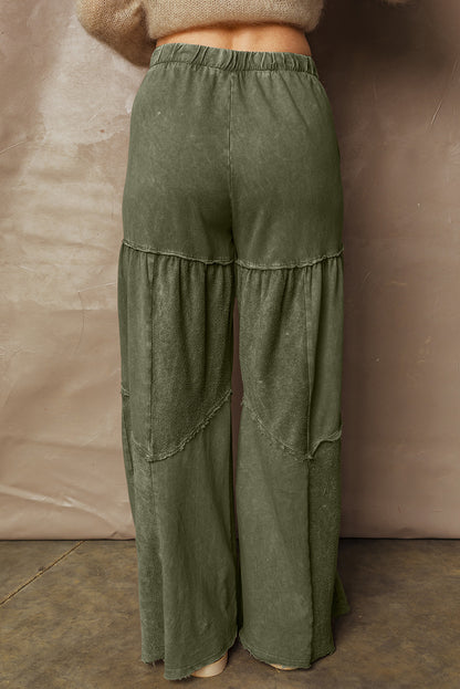Black Mineral Wash Tiered Wide Leg Patchwork Drawstring Pants