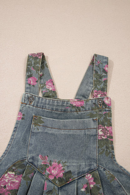Blue Beau Floral Print Pleated High Waist Wide Leg Denim Jumpsuit