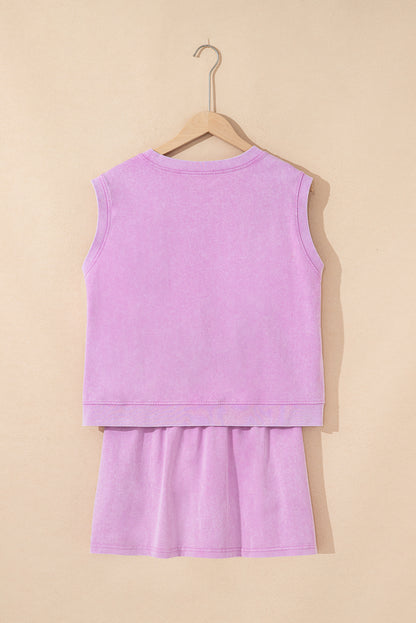 Light Pink 2 Pieces Mineral Wash Cotton Tank Top Lined Split Skirt Set