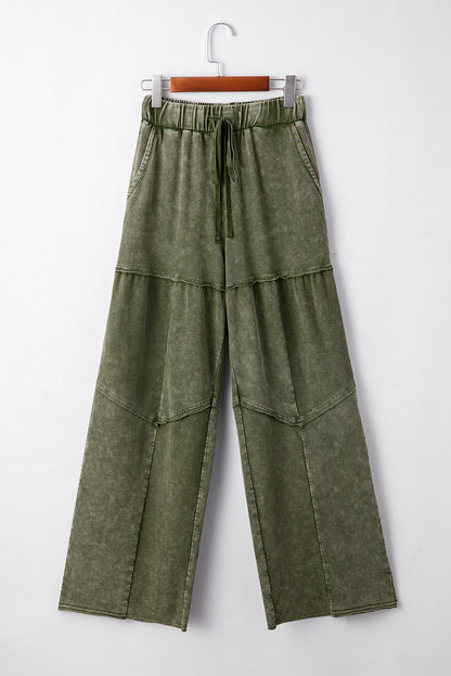 Black Mineral Wash Tiered Wide Leg Patchwork Drawstring Pants