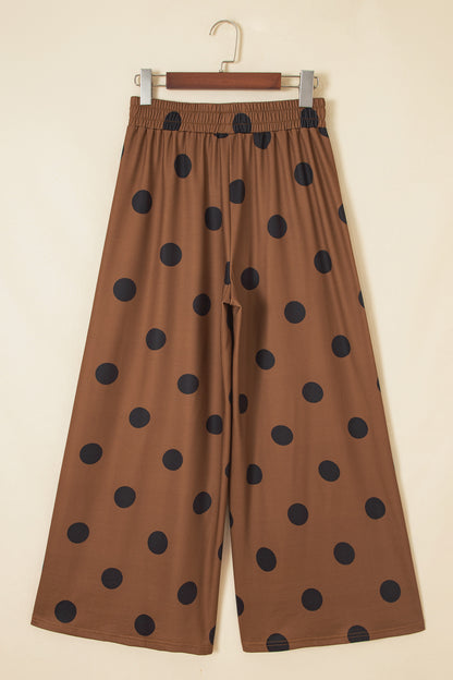 Beige Polka Dot Wide Leg Elastic Waist Casual Pants