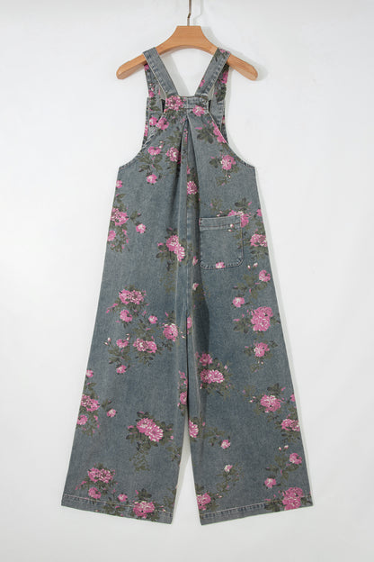Blue Beau Floral Print Pleated High Waist Wide Leg Denim Jumpsuit