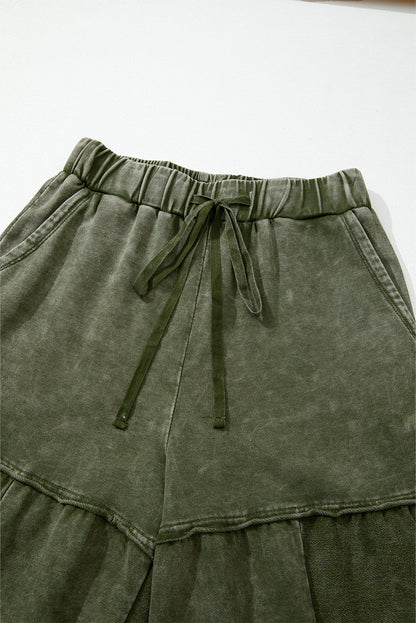 Black Mineral Wash Tiered Wide Leg Patchwork Drawstring Pants