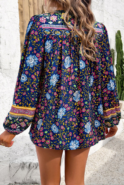 Blue Bohemian Floral Print Tassel Tie Front Long Sleeve Blouse