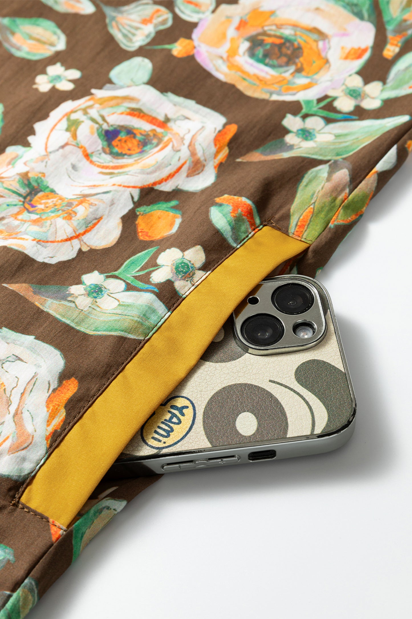 Brown Floral Print Contrast Trim V Neck Pocketed Long Sleeve Mini Dress