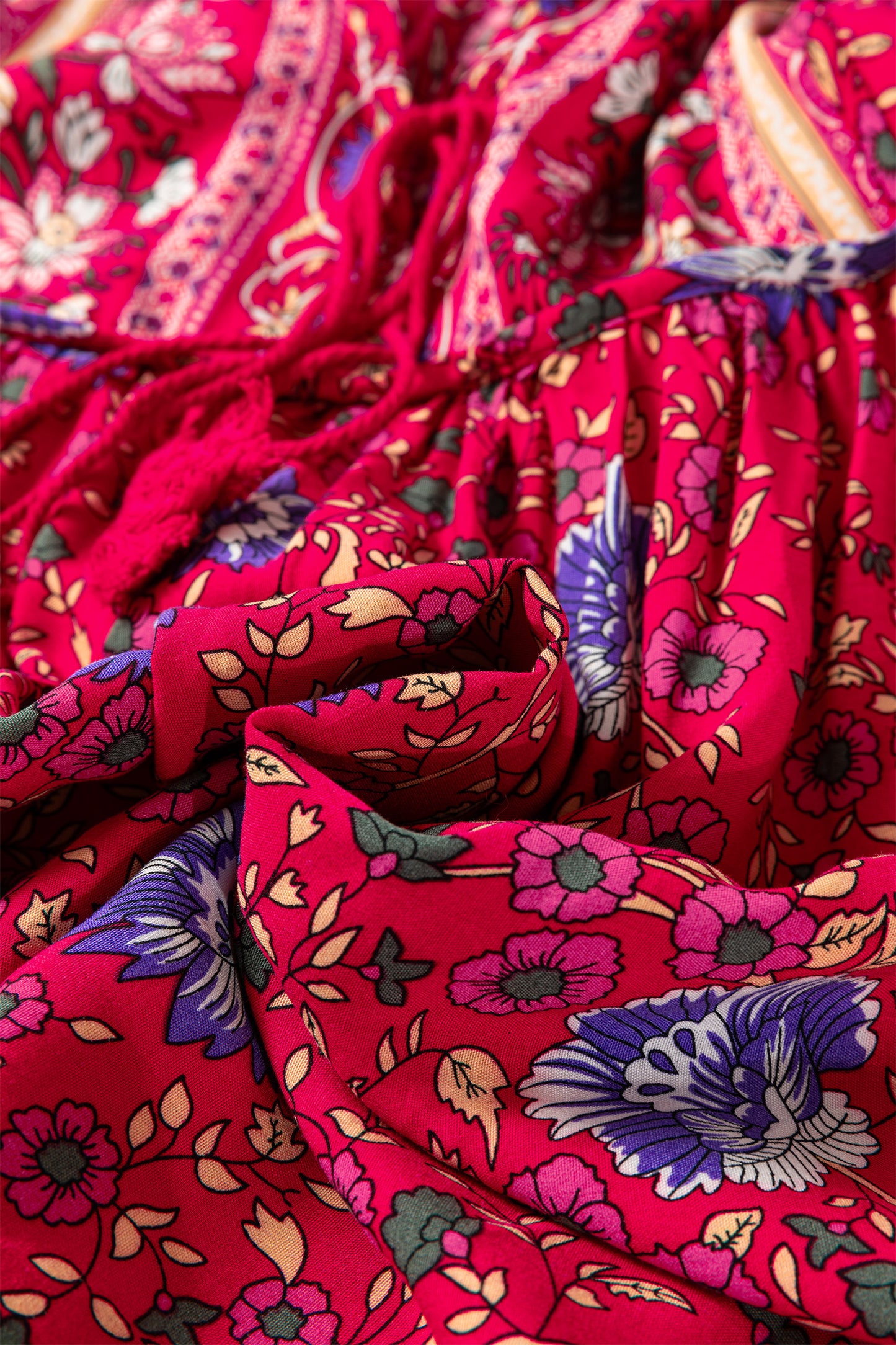 Blue Bohemian Floral Print Tassel Tie Front Long Sleeve Blouse