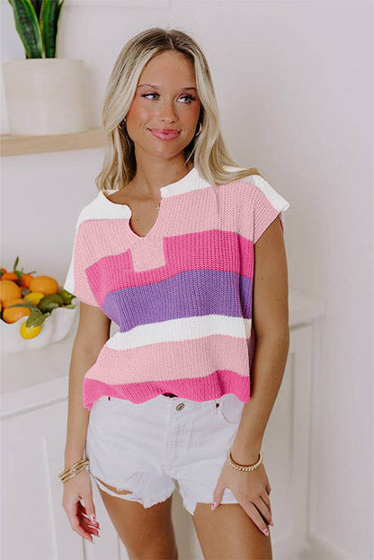 Multicolour Color Block Notch V Neck Sweater T Shirt