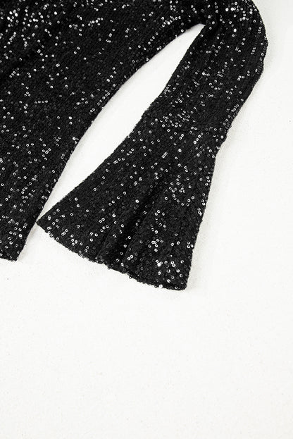 Black Sequin Mock Neck Drape Open Back Bell Sleeve Top