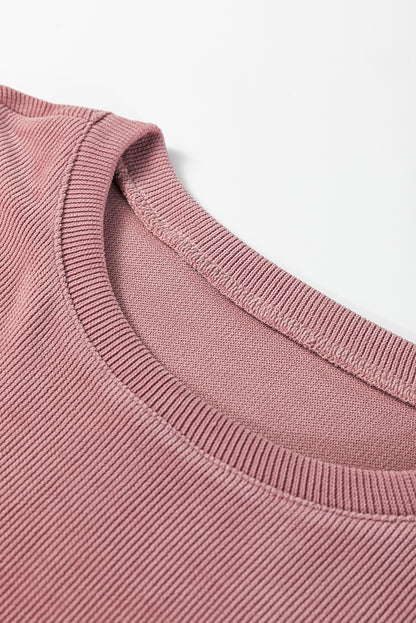 Dark Brown Solid Color Textured Knit Drop Shoulder Pullover Drawstring Shorts Set