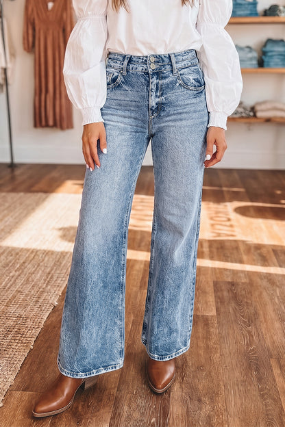 Sail Blue Acid Wash Pocket Detail Flare Jeans