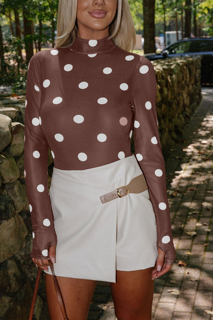 Black Vintage Polka Dot Print Mesh Long Sleeve Bodysuit