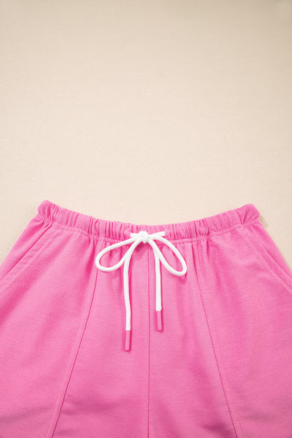 Mint Green V Neck Drop Shoulder Tee and Patchwork Drawstring Shorts Set