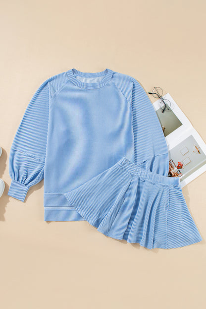 Jet Stream Corded Lantern Sleeve Top High Waist Ruffled Mini Skirt Set