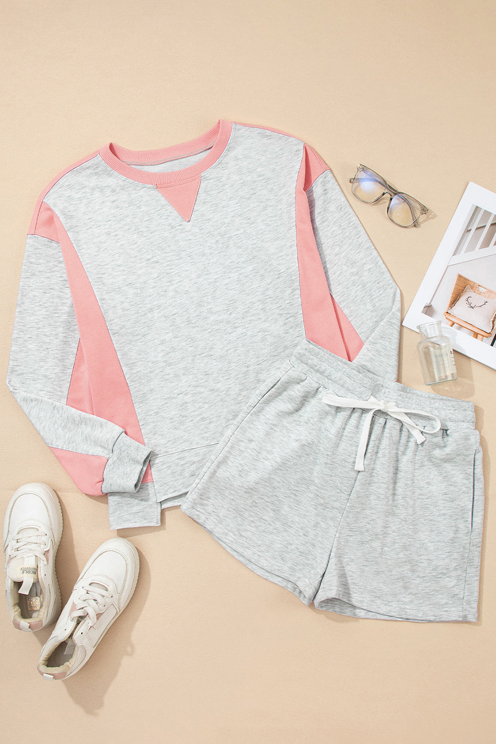Light Grey Color Block Raw Hem Pullover and Casual Shorts Set