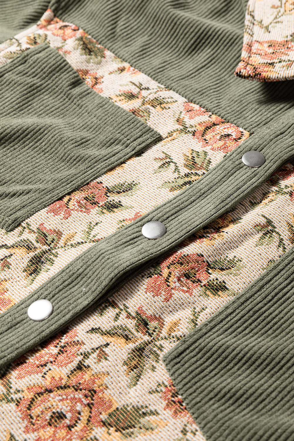 Medium Grey Ribbed Retro Floral Patchwork Shirt Style Jacket