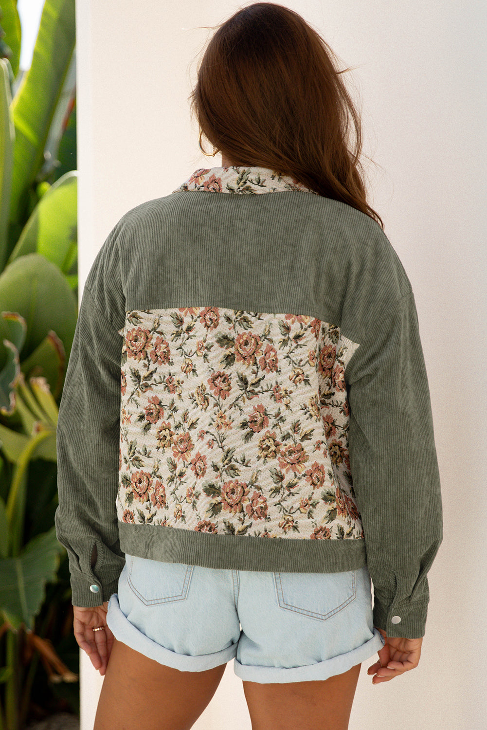 Medium Grey Ribbed Retro Floral Patchwork Shirt Style Jacket