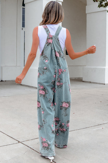 Blue Beau Floral Print Pleated High Waist Wide Leg Denim Jumpsuit