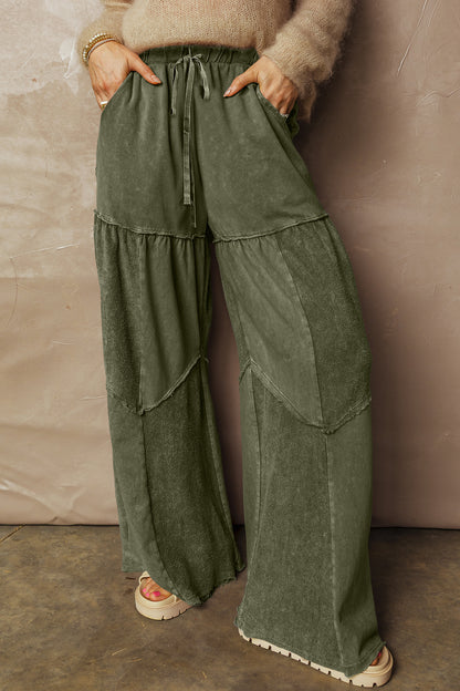 Black Mineral Wash Tiered Wide Leg Patchwork Drawstring Pants