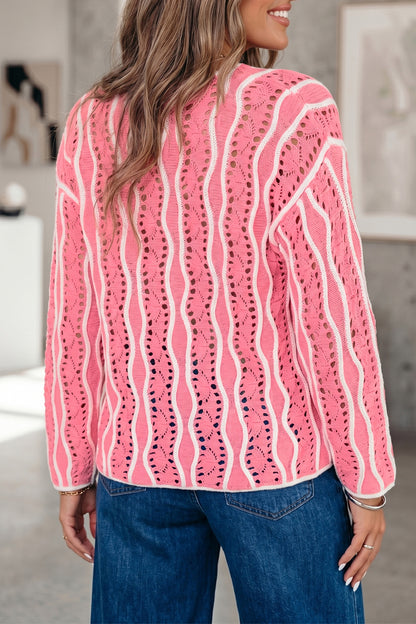 Khaki Wavy Detail Hollow Out Knit Long Sleeve Cotton Pullover Sweater