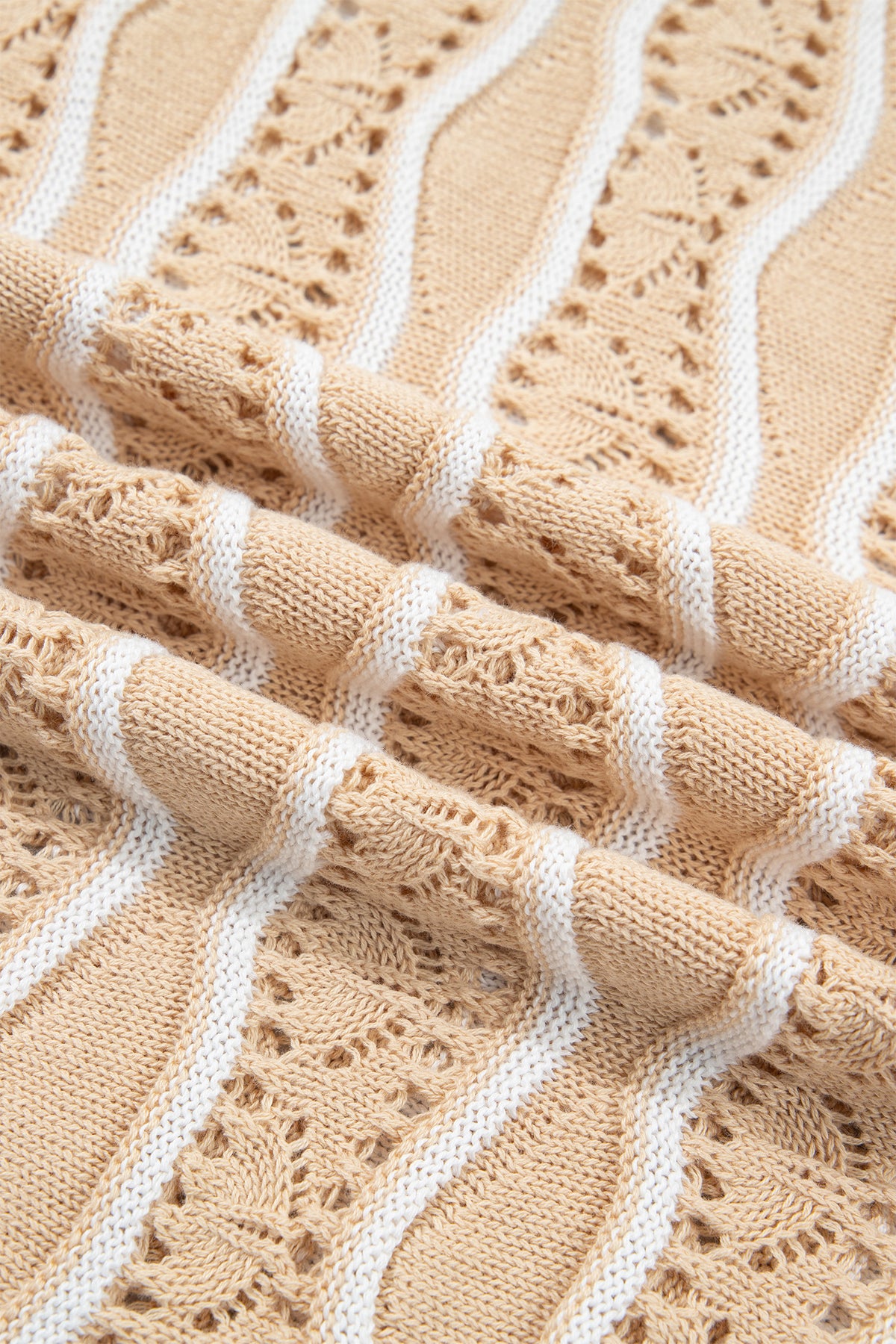 Khaki Wavy Detail Hollow Out Knit Long Sleeve Cotton Pullover Sweater
