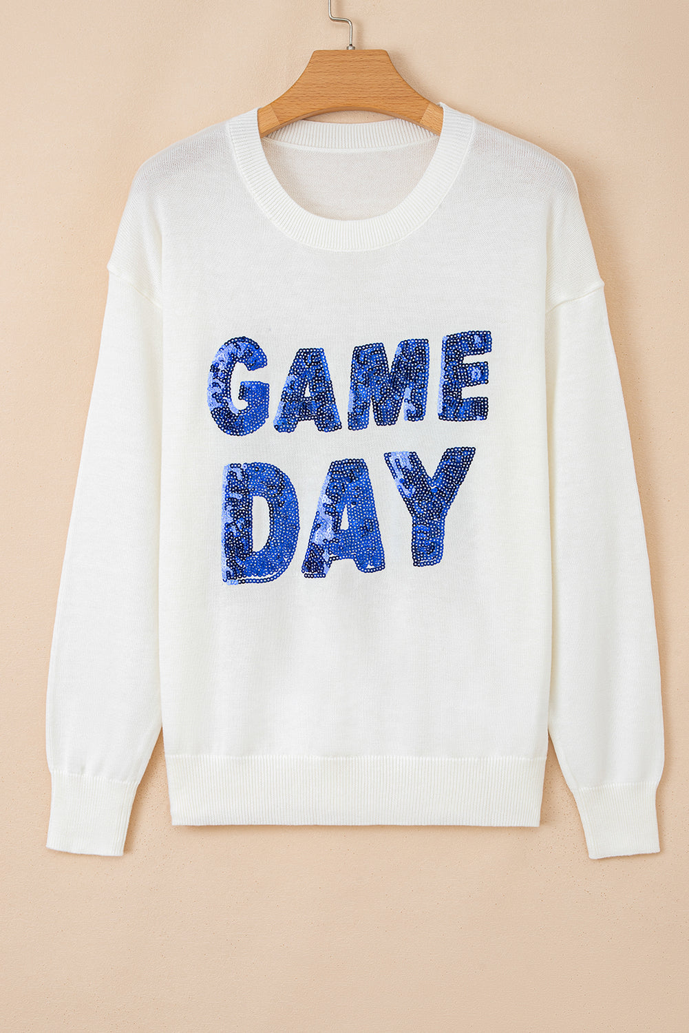 White Sequined GAME DAY Graphic Round Neck Sweater