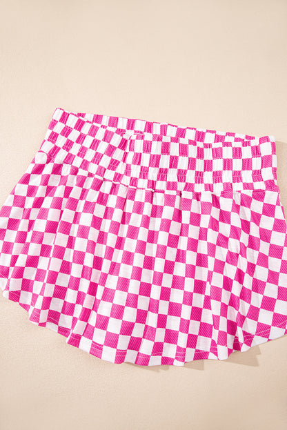Brown Checkerboard T Shirt and High Waist Skorts 2 Piece Outfit