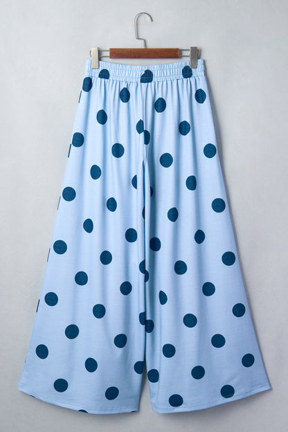 Beige Polka Dot Wide Leg Elastic Waist Casual Pants