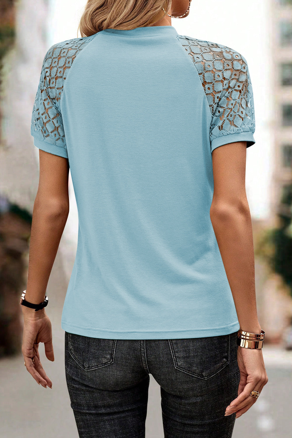 Navy Blue Seamed Detail Contrast Lace Raglan Sleeve Tee